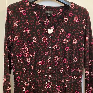 Talbots Black and Pink Floral Long Sleeve Midi Dress NWTs